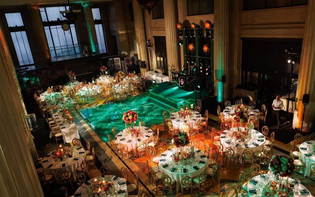 Award ceremony venue with green stage